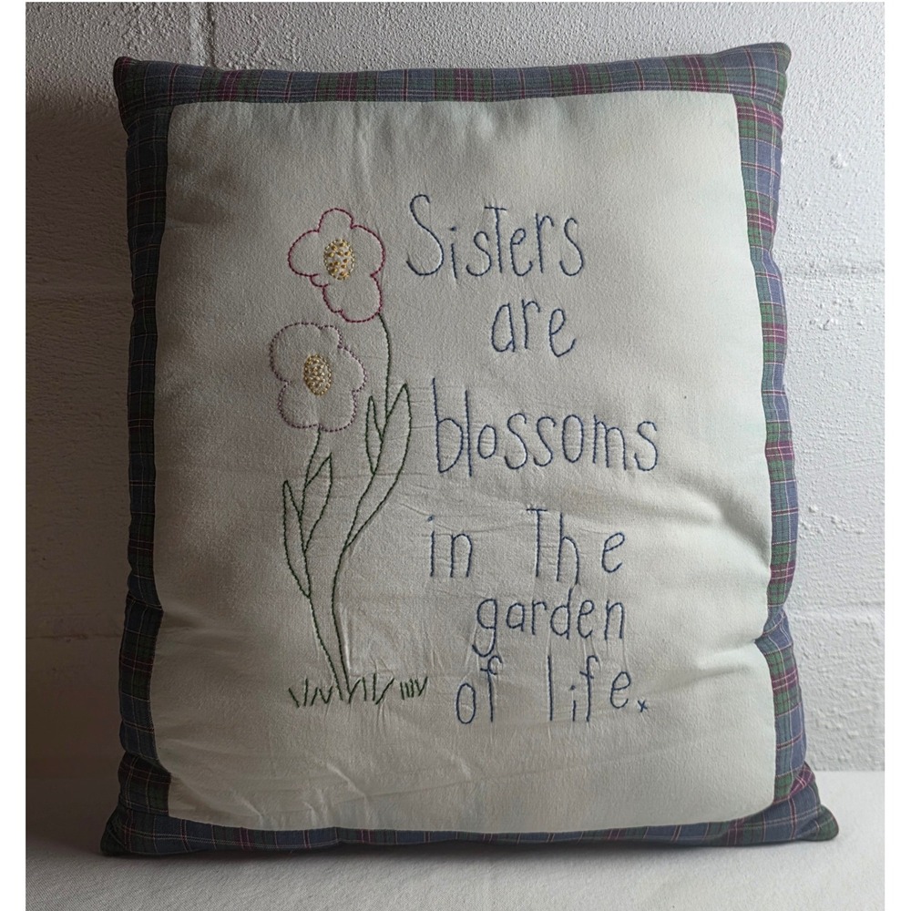 Embroidered Sisters Gift Floral Plaid Throw Pillow Cream Cottagecore
